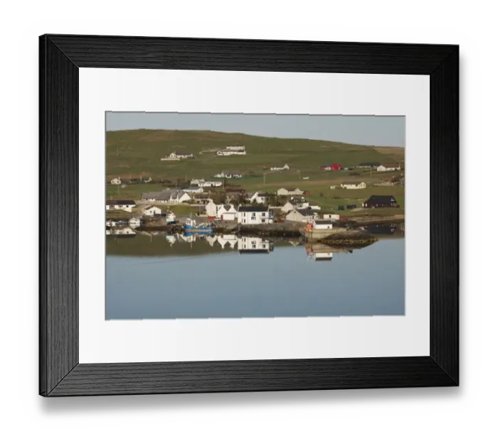 Framed Print : View of coastal village reflected in sea, Aith, Aith Voe, Mainland, Shetland Islands, Scotland, May