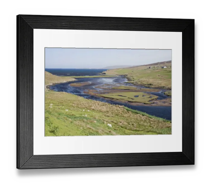 Framed Print : View of river entering sea, Laxo Burn, Laxo Voe, Mainland, Shetland Islands, Scotland, June Framed Print : View of river entering sea, Laxo Burn, Laxo Voe, Mainland, Shetland Islands, Scotland, June