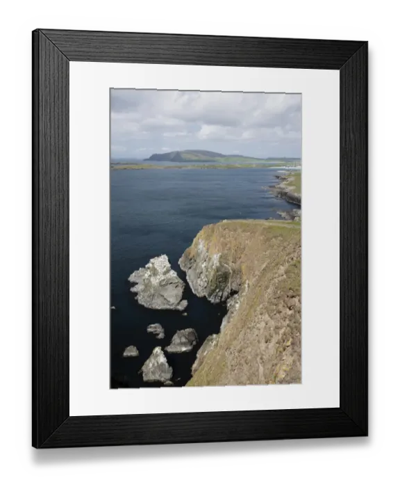 Framed Print : View of coastline with sea stack and cliffs, looking west to Scatness, Sumburgh Head, Mainland, Shetland Islands