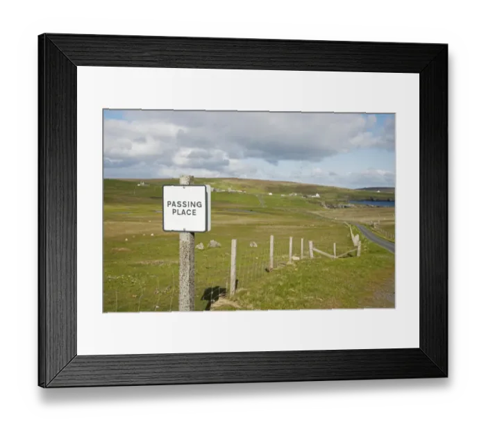 Framed Print : Passing Place sign on single track road, Fetlar, Shetland Islands, Scotland, June Framed Print : Passing Place sign on single track road, Fetlar, Shetland Islands, Scotland, June