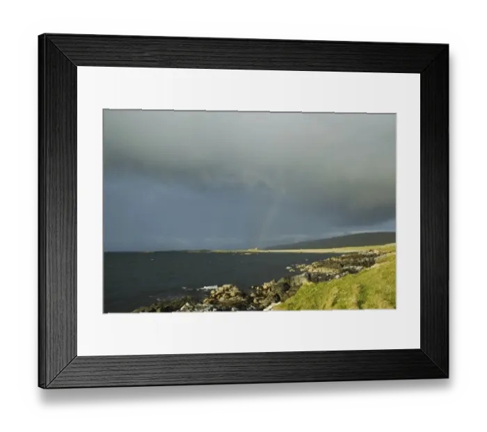 Framed Print : View of coastline and rainbow over abandoned croft, Fetlar, Shetland Islands, Scotland, June Framed Print : View of coastline and rainbow over abandoned croft, Fetlar, Shetland Islands, Scotland, June