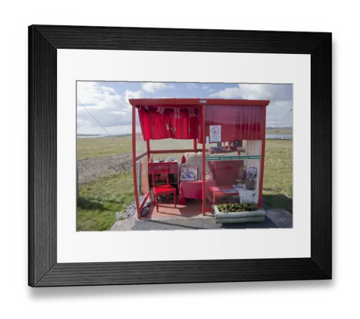 Framed Print : Decorated rural bus shelter, Unst, Shetland Islands, Scotland, June Framed Print : Decorated rural bus shelter, Unst, Shetland Islands, Scotland, June