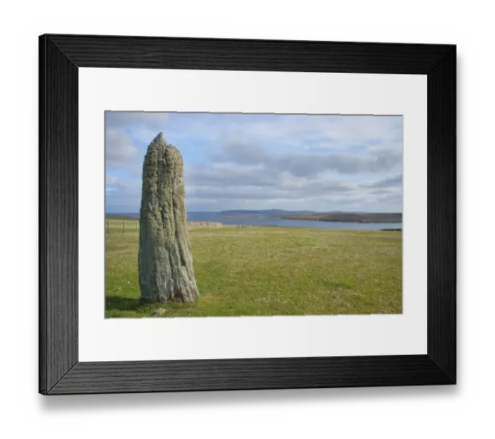 Framed Print : View of standing stone and coastline, Clivocast, Unst, Shetland Islands, Scotland, June Framed Print : View of standing stone and coastline, Clivocast, Unst, Shetland Islands, Scotland, June