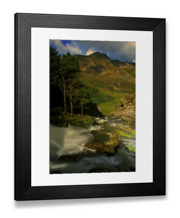 Framed Print : View of waterfall in valley with mountain in background, Ogwen Falls, Afon Ogwen, Mynydd Perfedd, Snowdonia, Wales Framed Print : View of waterfall in valley with mountain in background, Ogwen Falls, Afon Ogwen, Mynydd Perfedd, Snowdonia, Wales