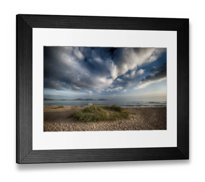 Framed Print : View of clouds over coastline and sand dunes, Newborough, Anglesey, Wales, August Framed Print : View of clouds over coastline and sand dunes, Newborough, Anglesey, Wales, August