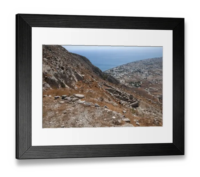 Framed Print : Ancient city ruins, Sanctuary of Aphrodite, with Perissa in background, Ancient Thera, Mesavouno, Santorini, Cyclades Framed Print : Ancient city ruins, Sanctuary of Aphrodite, with Perissa in background, Ancient Thera, Mesavouno, Santorini, Cyclades