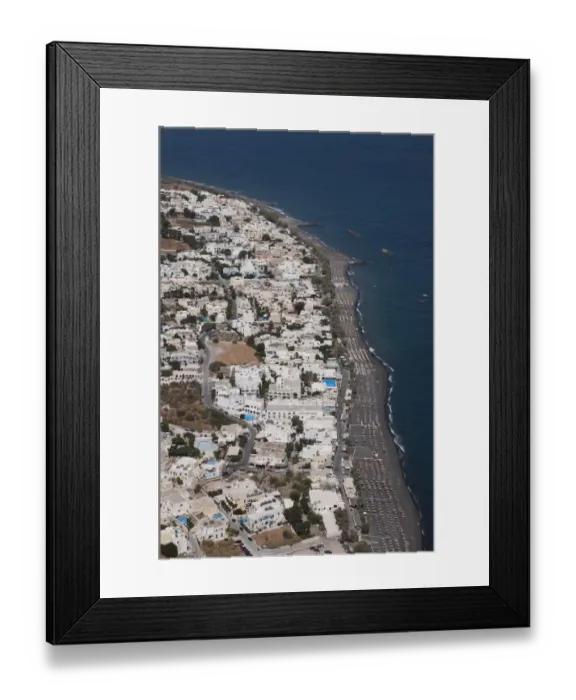 Framed Print : View of village and volcanic beach, Kamari, Santorini, Cyclades, Aegean Sea, Greece, September Framed Print : View of village and volcanic beach, Kamari, Santorini, Cyclades, Aegean Sea, Greece, September