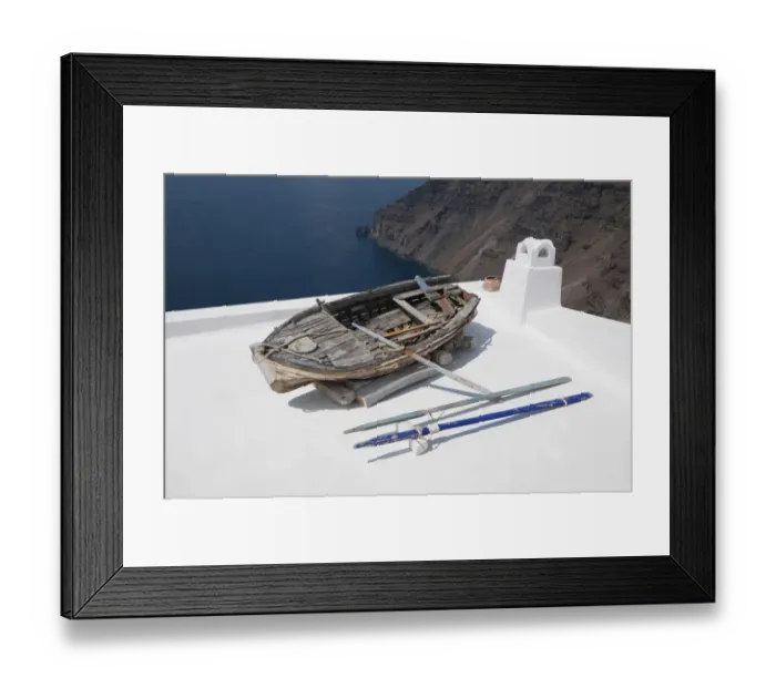 Framed Print : Old weathered rowing boat on house roof terrace, Fira, Santorini, Cyclades, Aegean Sea, Greece, September