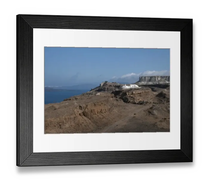 Framed Print : View of volcanic coastal landscape with white-washed Orthodox church, Balos Bay, Santorini, Cyclades, Aegean Sea Framed Print : View of volcanic coastal landscape with white-washed Orthodox church, Balos Bay, Santorini, Cyclades, Aegean Sea