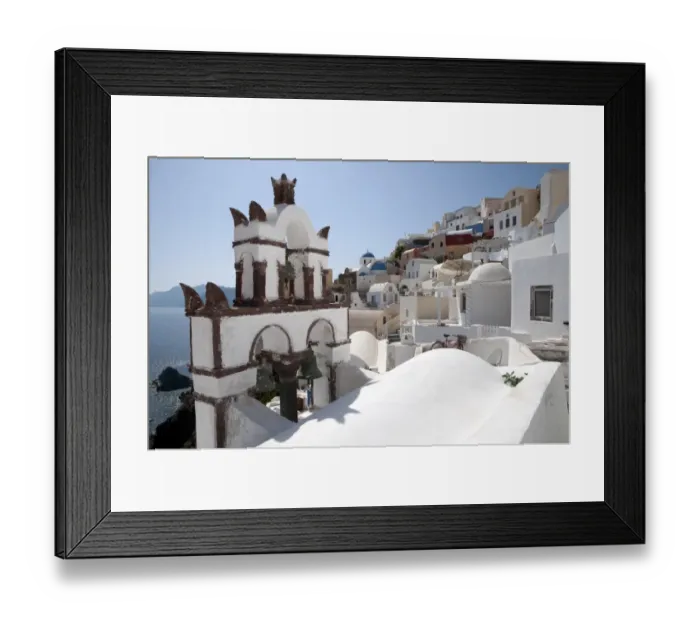 Framed Print : Orthodox church bell tower, in town on coastal clifftop, Oia, Santorini, Cyclades, Aegean Sea, Greece, September