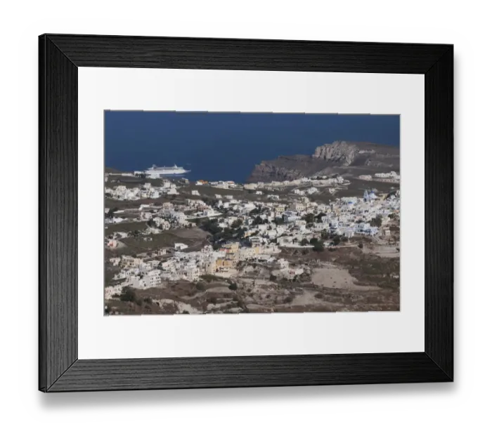 Framed Print : View of town, volcanic coastline and cruise ship at sea, Pirgos, Santorini, Cyclades, Aegean Sea, Greece, September Framed Print : View of town, volcanic coastline and cruise ship at sea, Pirgos, Santorini, Cyclades, Aegean Sea, Greece, September