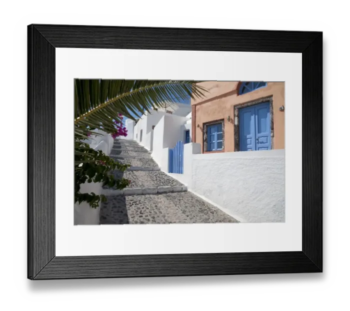 Framed Print : Narrow street with steps and painted houses, Oia, Santorini, Cyclades, Aegean Sea, Greece, September Framed Print : Narrow street with steps and painted houses, Oia, Santorini, Cyclades, Aegean Sea, Greece, September