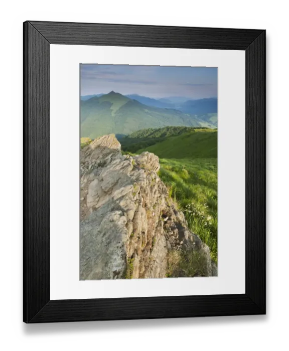 Framed Print : Rock formation and montane meadow habitat in evening sunlight, Bieszczady N. P Framed Print : Rock formation and montane meadow habitat in evening sunlight, Bieszczady N. P