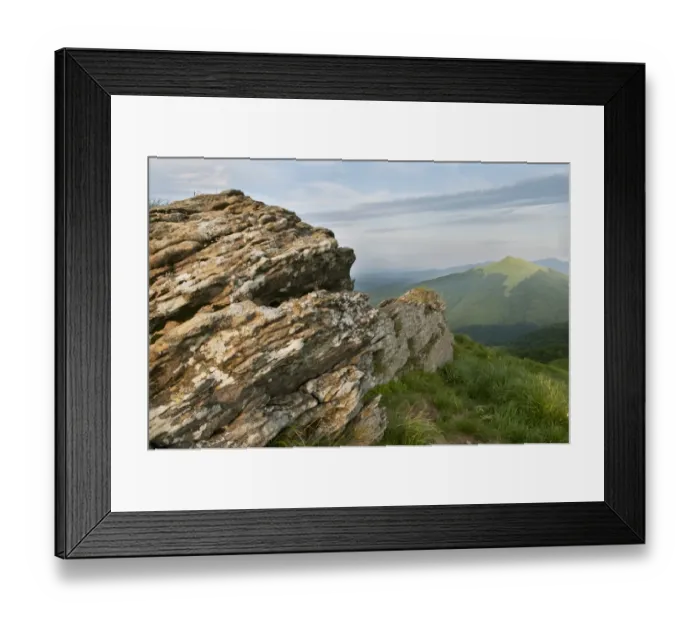 Framed Print : Rock formation and montane meadow habitat in evening sunlight, Bieszczady N. P