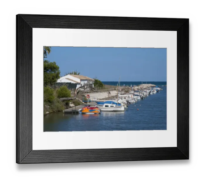 Framed Print : Boats and jet skis moored at jetty, Muro, Alcudia, Majorca, Balearic Islands, Spain, September