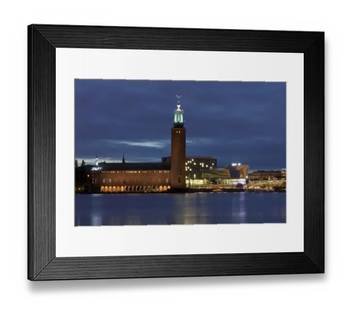 Framed Print : View of waterfront with city hall illuminated at night, Stockholm City Hall, Kungsholmen Island, Riddarfjarden
