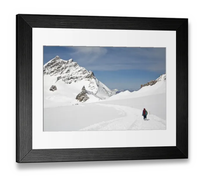 Framed Print : Walkers walking on snow covered mountain, Monchsjoch Hut Trail, Jungfraujoch, Bernese Alps, Switzerland, June Framed Print : Walkers walking on snow covered mountain, Monchsjoch Hut Trail, Jungfraujoch, Bernese Alps, Switzerland, June