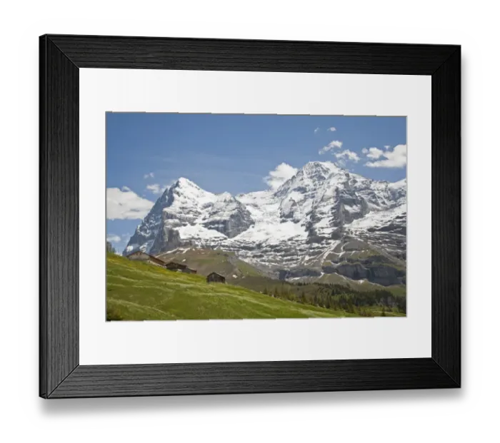 Framed Print : View of snow covered mountain peak, Eiger and Monch mountains from below Kleine Scheidegg, Bernese Alps, Switzerland Framed Print : View of snow covered mountain peak, Eiger and Monch mountains from below Kleine Scheidegg, Bernese Alps, Switzerland