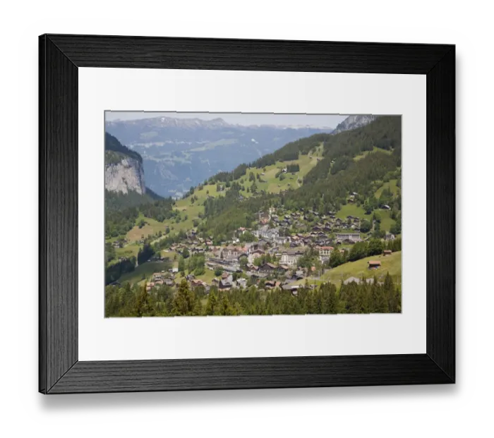 Framed Print : View of village in mountain valley, Wengen, Bernese Alps, Switzerland, June Framed Print : View of village in mountain valley, Wengen, Bernese Alps, Switzerland, June