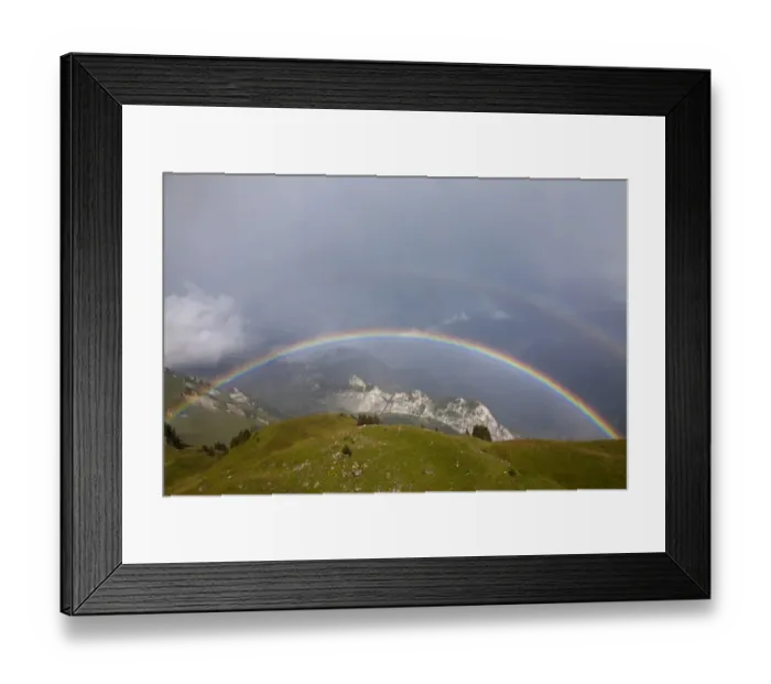 Framed Print : View of double rainbow over mountain landscape, Schynige Platte, Bernese Oberland, Switzerland, August Framed Print : View of double rainbow over mountain landscape, Schynige Platte, Bernese Oberland, Switzerland, August
