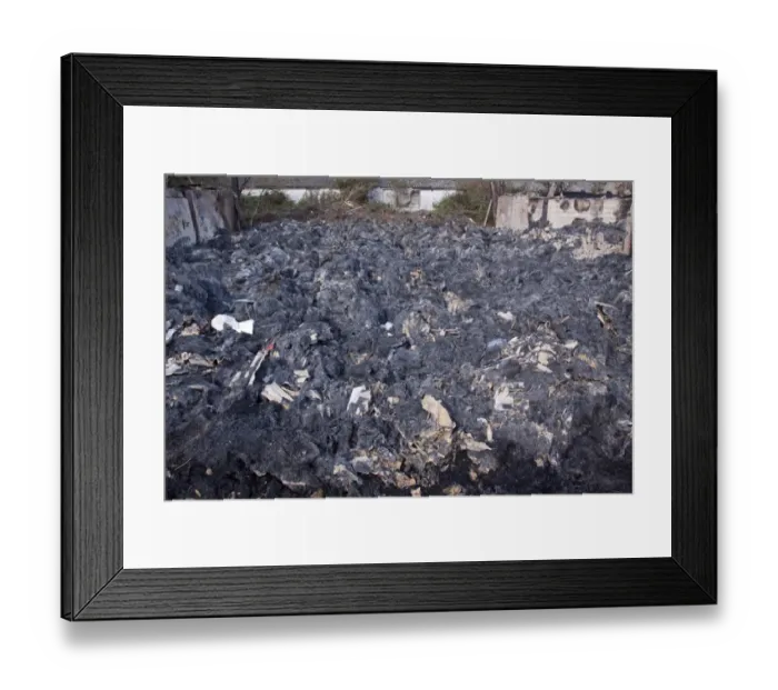 Framed Print : The remains of burnt straw bales after a Farm barn fire with bits of asbestos roofing mixed with the straw Framed Print : The remains of burnt straw bales after a Farm barn fire with bits of asbestos roofing mixed with the straw