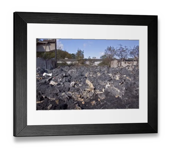 Framed Print : Straw fire in farm yard barn probably coursed by a sugar beat harvesters being parked to closed to the stacked straw Framed Print : Straw fire in farm yard barn probably coursed by a sugar beat harvesters being parked to closed to the stacked straw
