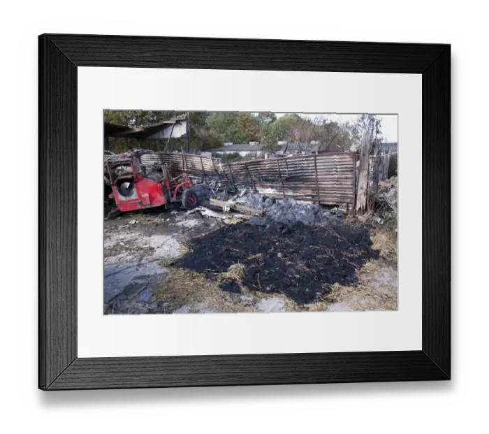 Framed Print : Straw fire in farm yard barn probably coursed by a sugar beat harvesters being parked to closed to the stacked straw Framed Print : Straw fire in farm yard barn probably coursed by a sugar beat harvesters being parked to closed to the stacked straw