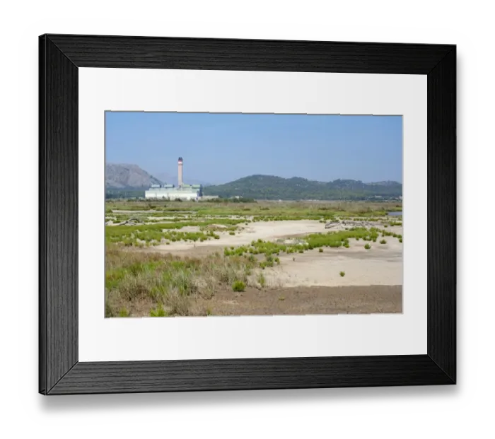 Framed Print : View of marshland habitat with Es Murterar coal-fired powerstation in distance,s Albufera De Mallorca Natural Park
