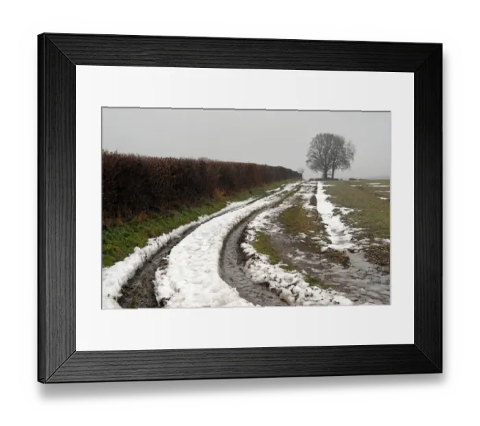 Framed Print : Muddy farm track beside hedgerow in snow, Chiltern Hills, Hertfordshire, England, December Framed Print : Muddy farm track beside hedgerow in snow, Chiltern Hills, Hertfordshire, England, December