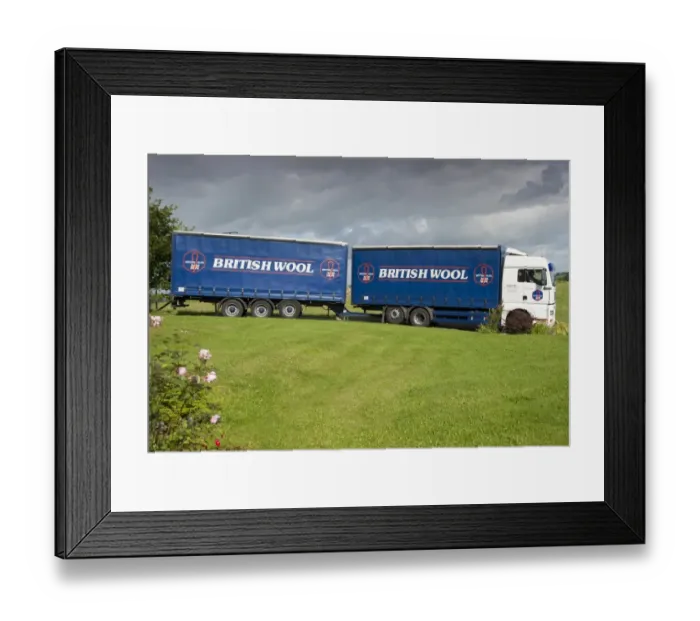 Framed Print : Britsh Wool lorry arriving to take delivery of wool bales, Jervaulx, Masham, Ripon, North Yorkshire, England, August