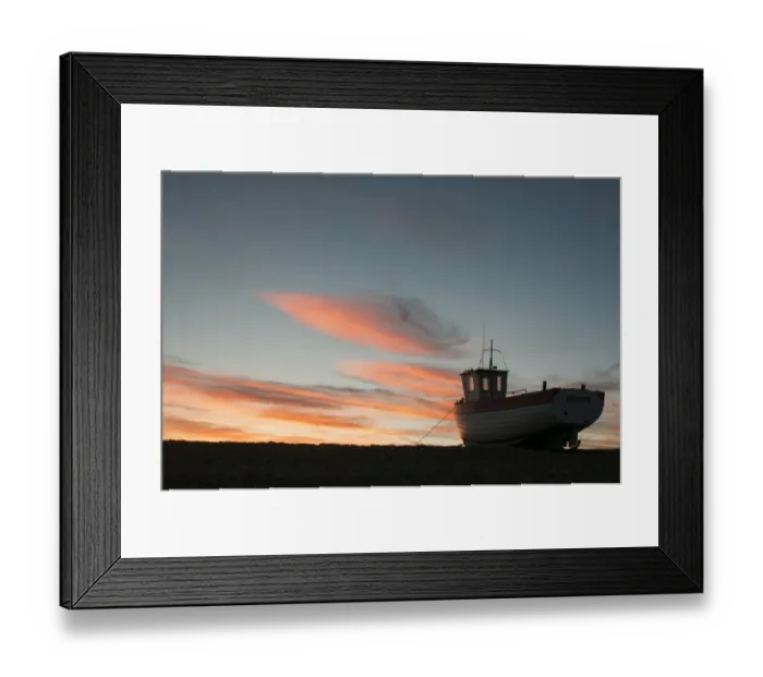 Framed Print : Fishing boat hauled up on shingle beach at sunset, Dungeness, Kent, England, September Framed Print : Fishing boat hauled up on shingle beach at sunset, Dungeness, Kent, England, September