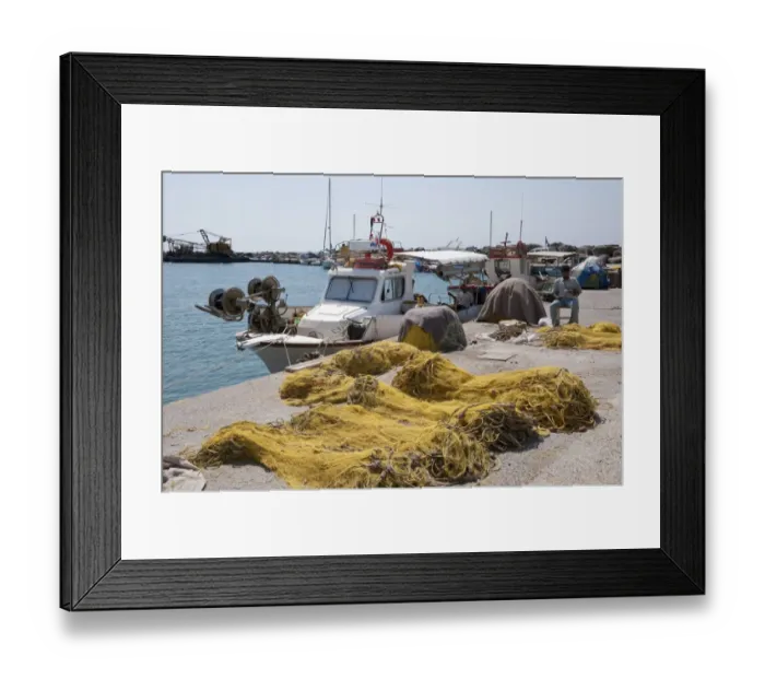 Framed Print : Fisherman repairing nets on harbour, Vlychada, Santorini, Cyclades, Aegean Sea, Greece, September Framed Print : Fisherman repairing nets on harbour, Vlychada, Santorini, Cyclades, Aegean Sea, Greece, September
