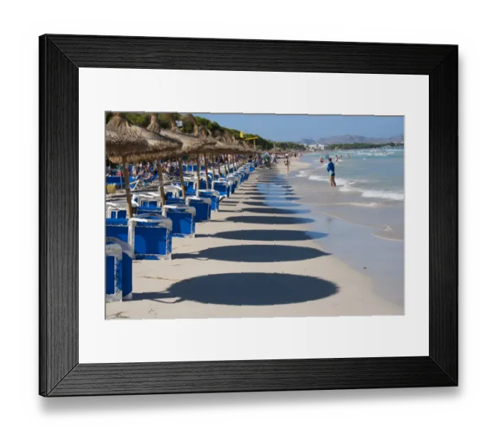 Framed Print : Shadows of beach umbrellas and tourists on sandy beach, Muro, Alcudia, Majorca, Balearic Islands, Spain, September Framed Print : Shadows of beach umbrellas and tourists on sandy beach, Muro, Alcudia, Majorca, Balearic Islands, Spain, September