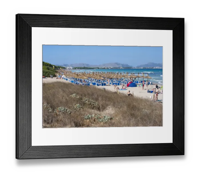 Framed Print : Sand dunes behind tourist beach with sunloungers and beach umbrellas, Muro, Alcudia, Majorca, Balearic Islands, Spain