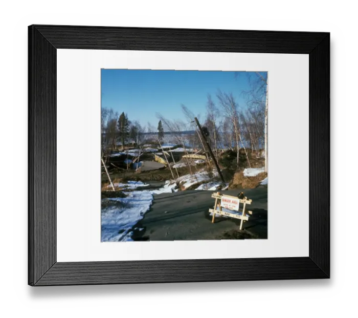 Framed Print : Earthquake - Alaska damaged homes / road / trees / warning sign / snow / Anchorage Framed Print : Earthquake - Alaska damaged homes / road / trees / warning sign / snow / Anchorage