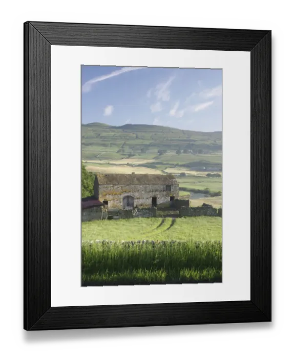 Framed Print : View of stone barn, drystone walls and pasture in valley bottom, River Ure, Burtersett, Wensleydale