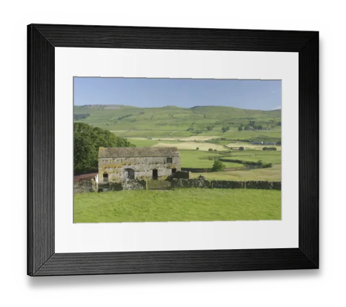 Framed Print : View of stone barn, drystone walls and pasture in valley bottom, River Ure, Burtersett, Wensleydale Framed Print : View of stone barn, drystone walls and pasture in valley bottom, River Ure, Burtersett, Wensleydale