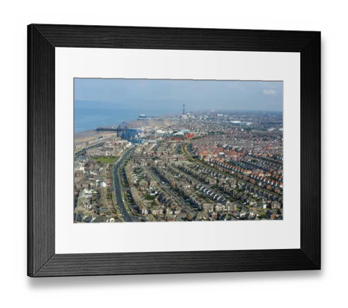 Framed Print : Aerial view of seaside resort town, Blackpool, Lancashire, England, August Framed Print : Aerial view of seaside resort town, Blackpool, Lancashire, England, August