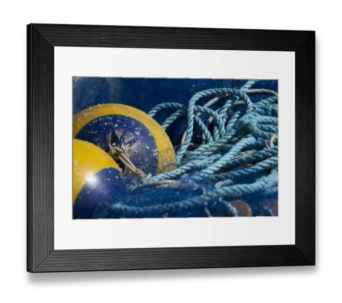 Framed Print : Close-up of fishing equipment, float, nets and ropes, Baltic Sea, Sweden, may Framed Print : Close-up of fishing equipment, float, nets and ropes, Baltic Sea, Sweden, may