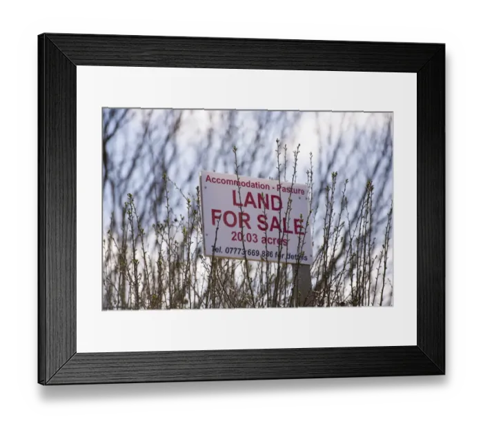 Framed Print : Accommodation - Pasture Land For Sale sign, Oulton, Cheshire, England, April Framed Print : Accommodation - Pasture Land For Sale sign, Oulton, Cheshire, England, April