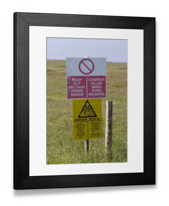 Framed Print : Keep Out Military Firing Range and Danger bilingual signs at coastal military firing range, Castlemartin Range Framed Print : Keep Out Military Firing Range and Danger bilingual signs at coastal military firing range, Castlemartin Range