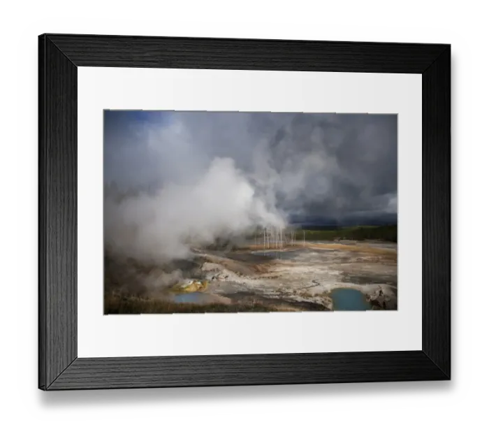Framed Print : View of hotsprings with steam and approaching stormclouds, Norris Geyser Basin, Yellowstone N. P. Wyoming, U. S. A Framed Print : View of hotsprings with steam and approaching stormclouds, Norris Geyser Basin, Yellowstone N. P. Wyoming, U. S. A