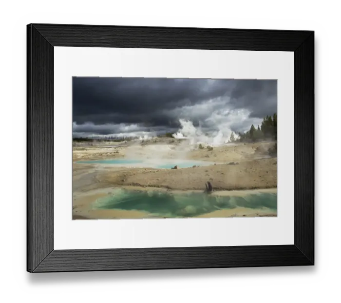 Framed Print : View of hotsprings with approaching stormclouds, Norris Geyser Basin, Yellowstone N. P. Wyoming, U. S. A. September