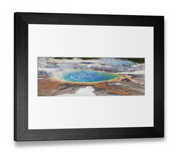 Framed Print : Thermophile bacterial mats and steam rising from hotspring, with tourists on boardwalk, Grand Prismatic Spring Framed Print : Thermophile bacterial mats and steam rising from hotspring, with tourists on boardwalk, Grand Prismatic Spring
