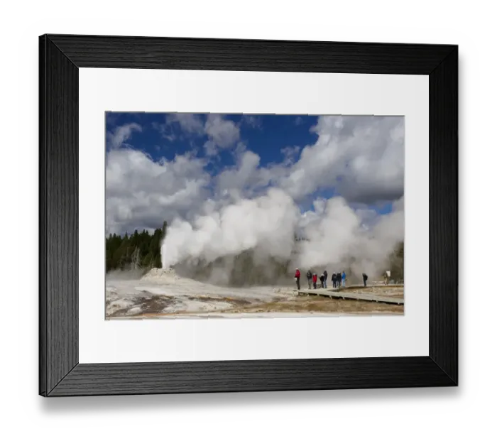 Framed Print : Cone-type geyser erupting, with tourists walking from boardwalk, Lion Geyser, Upper Geyser Basin, Yellowstone N. P Framed Print : Cone-type geyser erupting, with tourists walking from boardwalk, Lion Geyser, Upper Geyser Basin, Yellowstone N. P