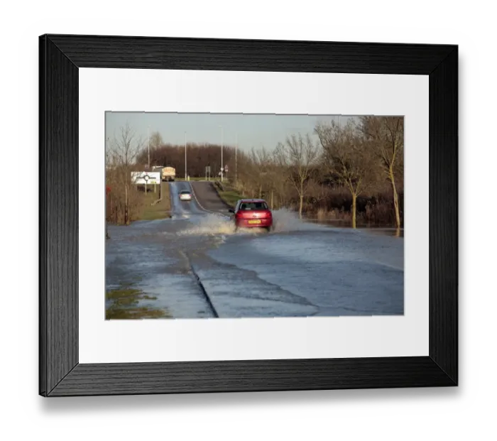 Framed Print : Car driving through flooded rural road, Soar Valley, Leicestershire, England, November 2012 Framed Print : Car driving through flooded rural road, Soar Valley, Leicestershire, England, November 2012