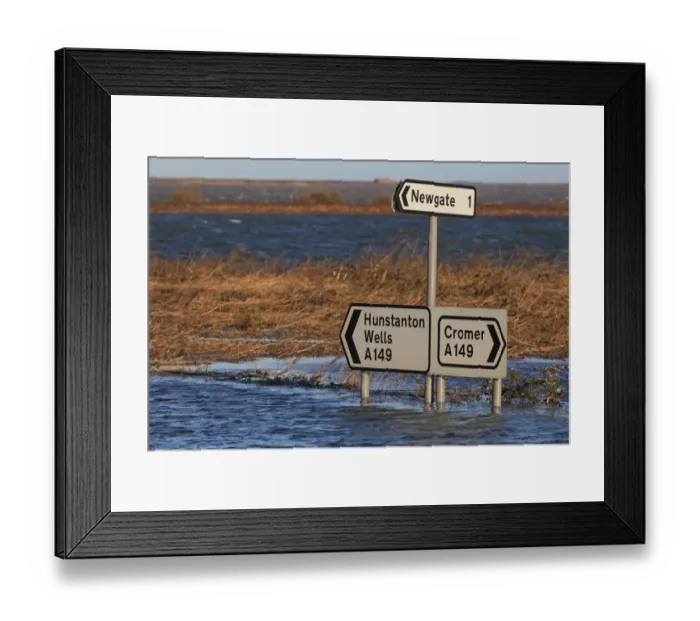 Framed Print : Flooded coast road and coastal marshland after tidal surge, Cley Marshes Reserve, Cley-next-the-sea, North Norfolk Framed Print : Flooded coast road and coastal marshland after tidal surge, Cley Marshes Reserve, Cley-next-the-sea, North Norfolk