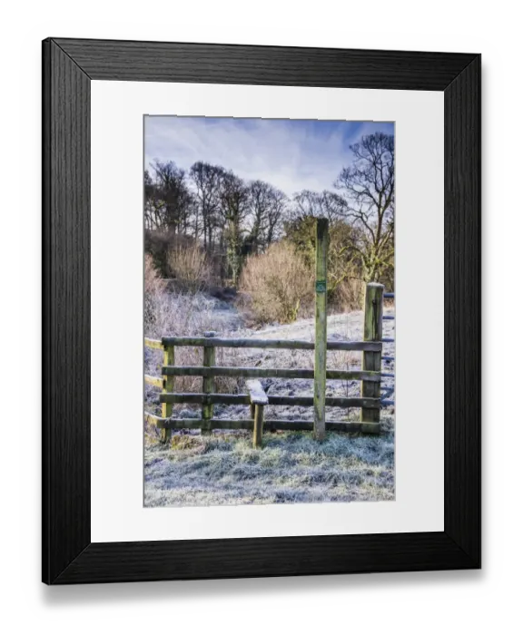 Framed Print : Frost on wooden fence with stile and Public Footpath sign, near Doeford Bridge, Whitewell, Forest of Bowland Framed Print : Frost on wooden fence with stile and Public Footpath sign, near Doeford Bridge, Whitewell, Forest of Bowland