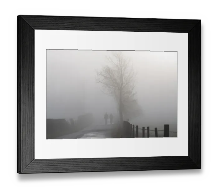 Framed Print : Two walkers walking on road in mist, Little Bowland Road, Whitewell, Clitheroe, Forest of Bowland, Lancashire, England Framed Print : Two walkers walking on road in mist, Little Bowland Road, Whitewell, Clitheroe, Forest of Bowland, Lancashire, England