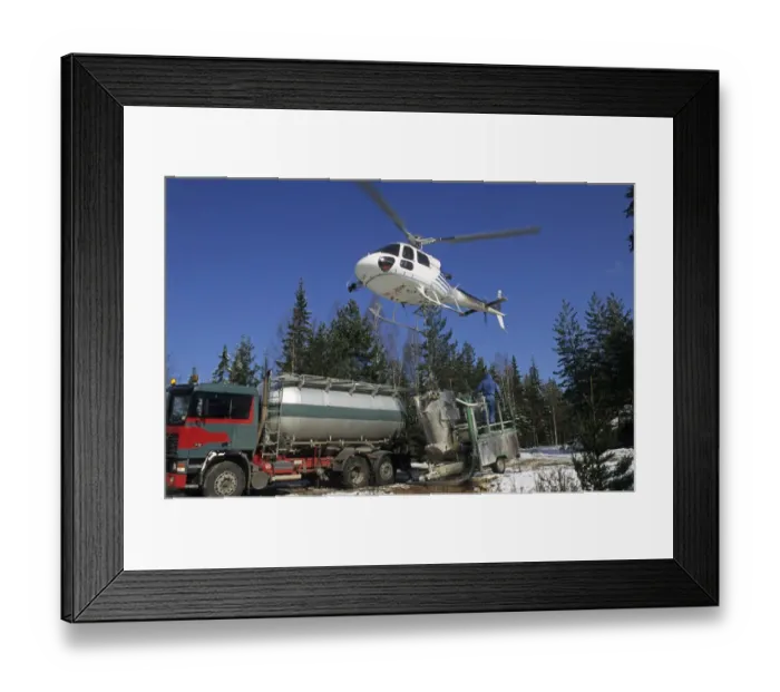 Framed Print : Acid rain, helicopter filling up for lime spreading, to reduce acidity in rivers and wetlands, Sweden Framed Print : Acid rain, helicopter filling up for lime spreading, to reduce acidity in rivers and wetlands, Sweden